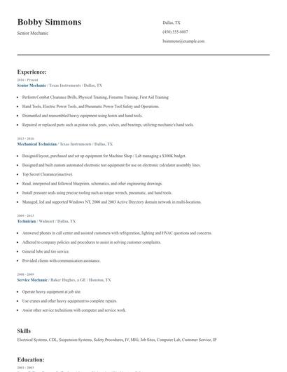Senior Mechanic Resume