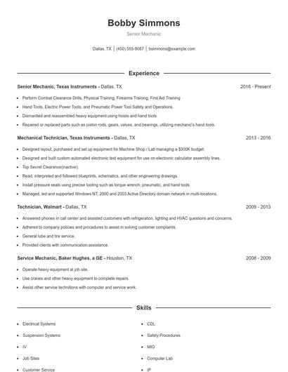 Senior Mechanic Resume