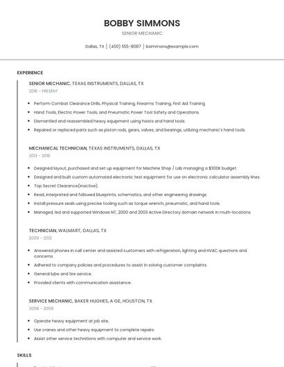 Senior Mechanic Resume