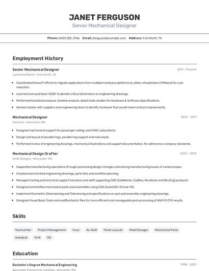 Senior Mechanical Designer Resume