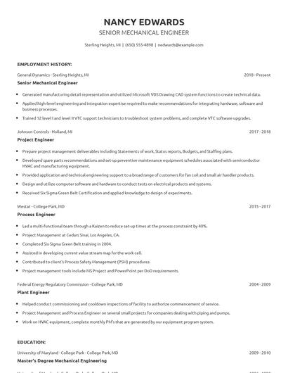 Senior Mechanical Engineer Resume