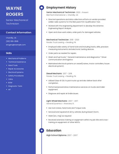 Senior Mechanical Technician Resume