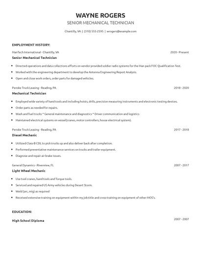 Senior Mechanical Technician Resume