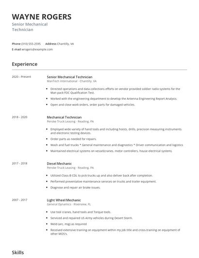 Senior Mechanical Technician Resume