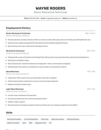 Senior Mechanical Technician Resume