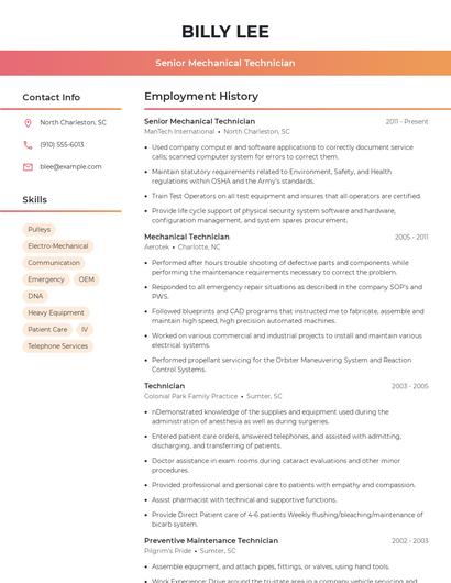 Senior Mechanical Technician Resume
