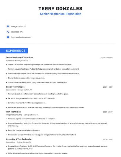 Senior Mechanical Technician Resume