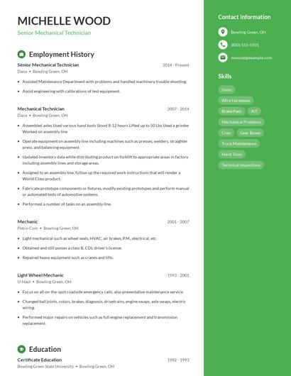 Senior Mechanical Technician Resume