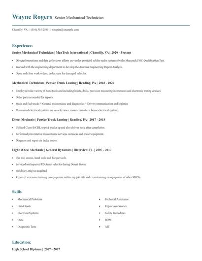 Senior Mechanical Technician Resume