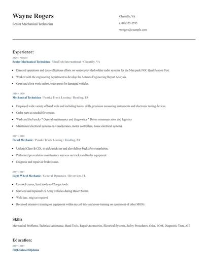 Senior Mechanical Technician Resume