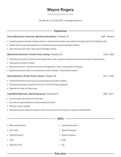 Senior Mechanical Technician Resume