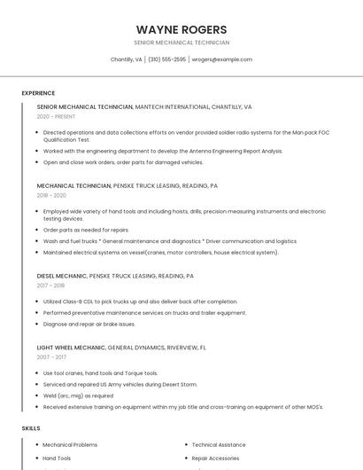 Senior Mechanical Technician Resume