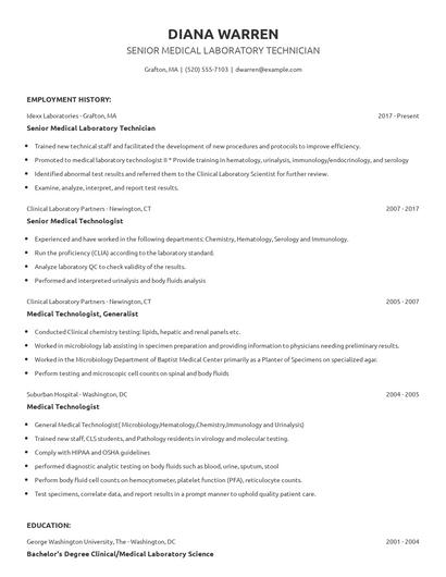 Senior Medical Laboratory Technician Resume