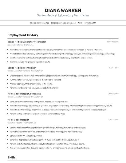 Senior Medical Laboratory Technician Resume