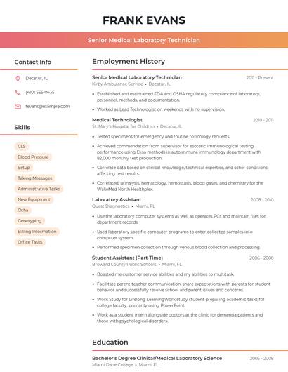 Senior Medical Laboratory Technician Resume