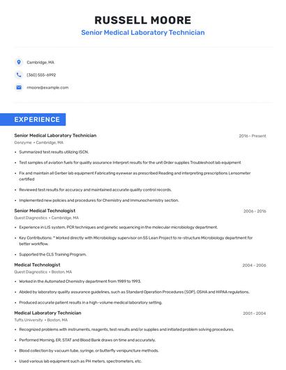 Senior Medical Laboratory Technician Resume