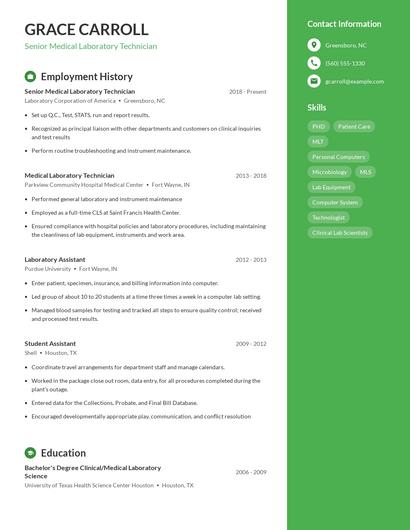 Senior Medical Laboratory Technician Resume