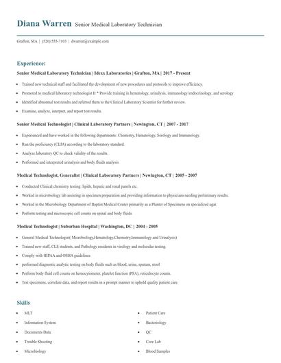 Senior Medical Laboratory Technician Resume