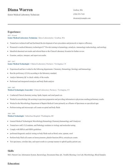 Senior Medical Laboratory Technician Resume
