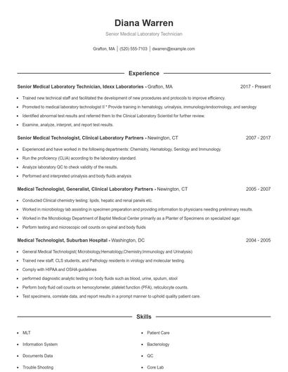 Senior Medical Laboratory Technician Resume