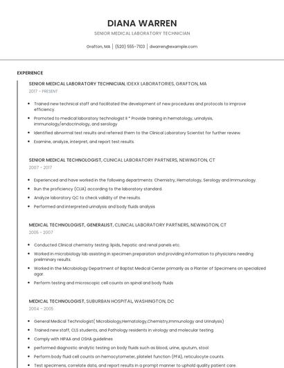 Senior Medical Laboratory Technician Resume