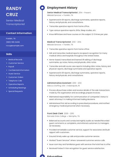 Senior Medical Transcriptionist Resume