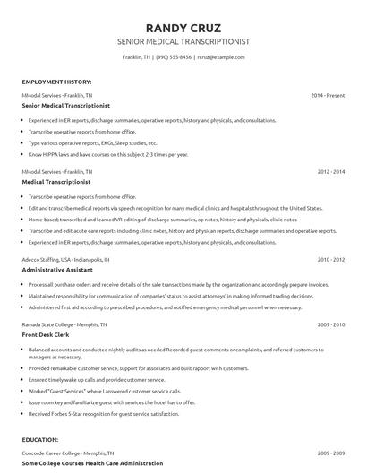Senior Medical Transcriptionist Resume