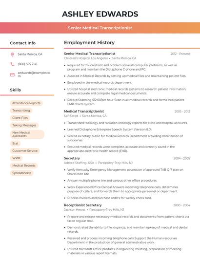 Senior Medical Transcriptionist Resume