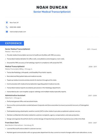 Senior Medical Transcriptionist Resume