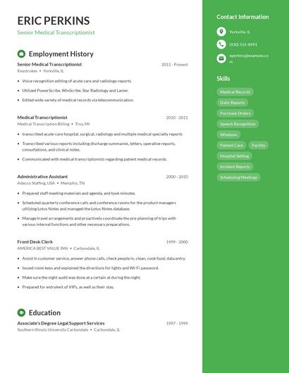 Senior Medical Transcriptionist Resume