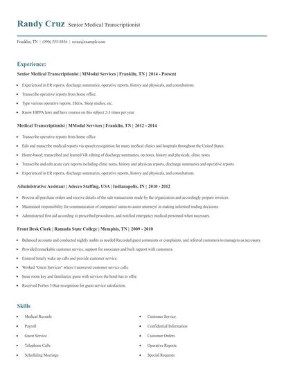 Senior Medical Transcriptionist Resume