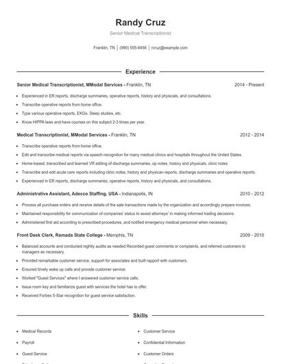 Senior Medical Transcriptionist Resume