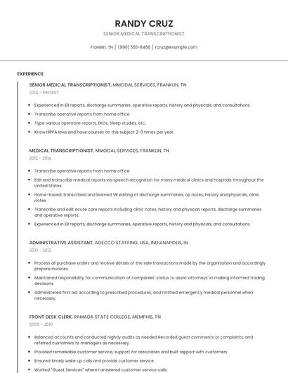 Senior Medical Transcriptionist Resume
