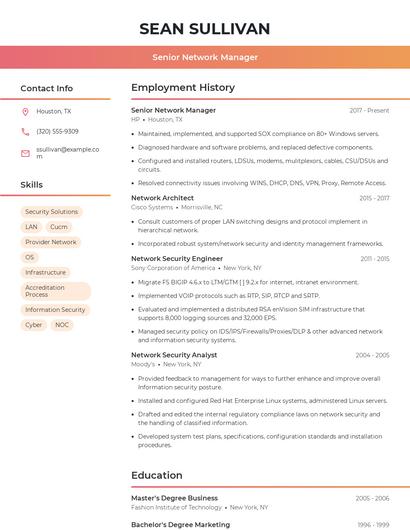 Senior Network Manager Resume
