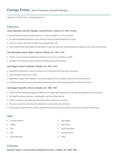 Senior Operations And Sales Manager Resume