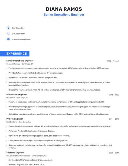 Senior Operations Engineer Resume