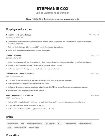 Senior Operations Technician Resume