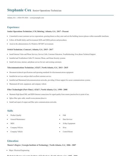 Senior Operations Technician Resume