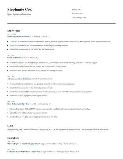 Senior Operations Technician Resume