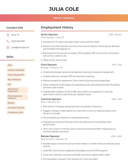 Senior Operator Resume