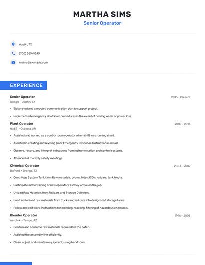 Senior Operator Resume