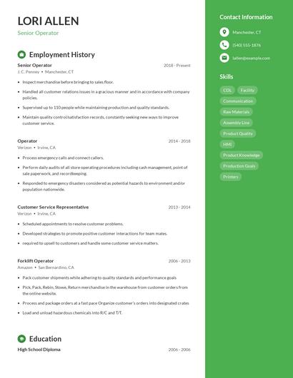 Senior Operator Resume