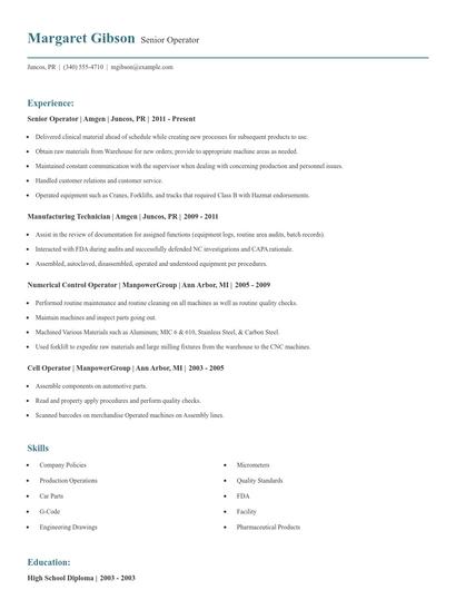 Senior Operator Resume