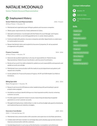 Senior Patient Account Representative Resume