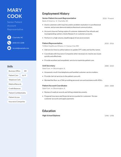 Senior Patient Account Representative Resume