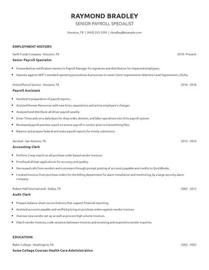 Senior Payroll Specialist Resume