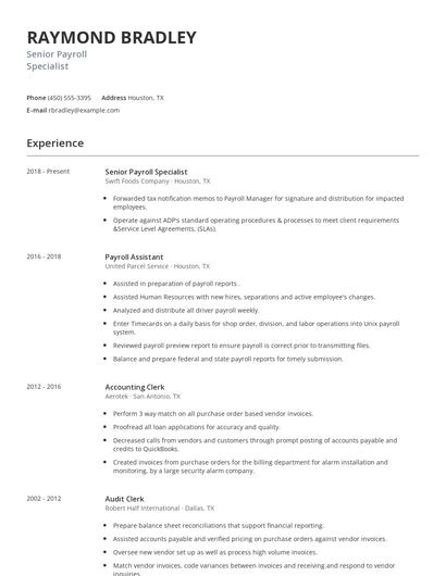 Senior Payroll Specialist Resume