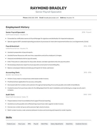 Senior Payroll Specialist Resume