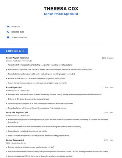 Senior Payroll Specialist Resume