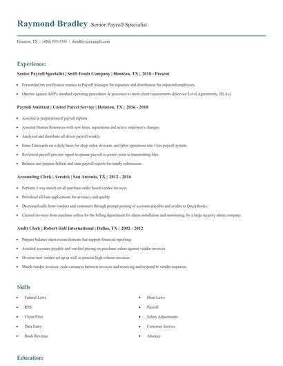Senior Payroll Specialist Resume